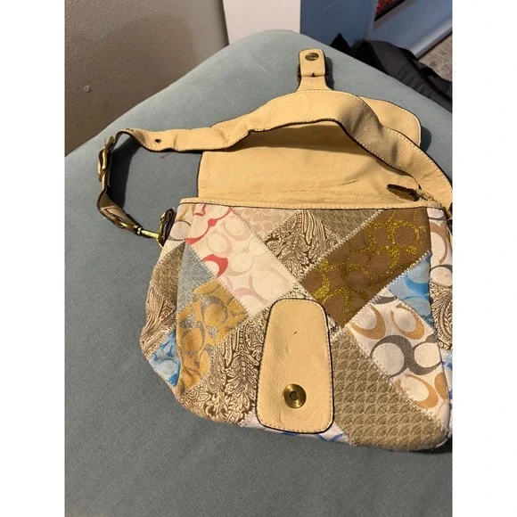 Coach Patchwork Shoulder Bag Leather Canvas Hobo Purse Tan Beige - Picture 3 of 6